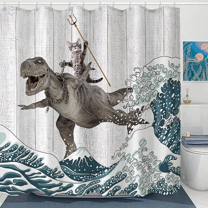 Fungarth Funny Cat Shower Curtain Dinosaur Ocean Sea Wave Shower Curtains for Bathroom Cool Waterproof Fabric Rustic Wooden Farmhouse Bath Curtain Decor with Hooks (Gray1, 72” x 72”)