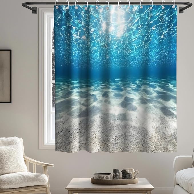 Modern Ocean Shower Curtain, Rustic Luxury Abstract Nautical Tropical Coastal Shower Curtains for Bathroom, Waterproof Bath Curtain with Hooks Machine Washable Bathtub Curtains 72x72 Inch Blue