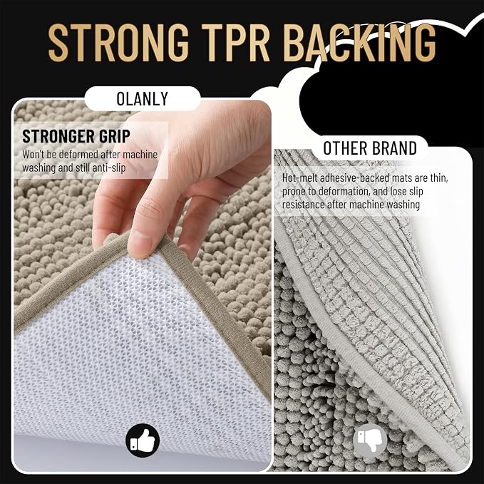 OLANLY Thick Bathroom Rugs 30x20, Chenille Striped Bath Rugs, Warm Taupe | Rubber Backing, Machine Wash, Extra Soft Absorbent Bath Mats for Bathroom Floor, Tub and Shower, Home Decor Accessories