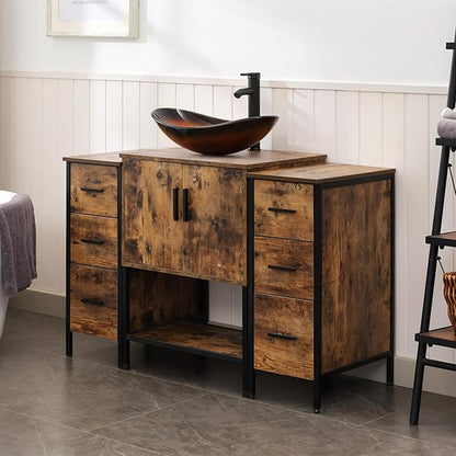 UEV 48" Rustic Brown Bathroom Vanity with Sink Combo,Industrial Iron Frame Bathroom Cabinet Sets with Doulbe 3 Drawers Side Cabinet,Modern Brown Boat Tempered Glass Vessel Sink(029BR)
