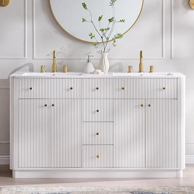 T4TREAM 60 Inch Bathroom Vanity with Sink, Modern Fluted Large Double Sink Bathroom Vanity with 2 Storage Cabinets, Adjustable Shelf, and 3 Small Drawers, Solid White