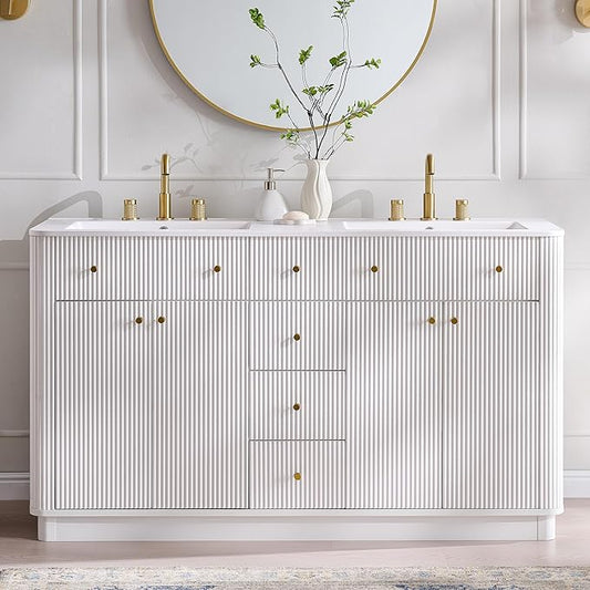 T4TREAM 60 Inch Bathroom Vanity with Sink, Modern Fluted Large Double Sink Bathroom Vanity with 2 Storage Cabinets, Adjustable Shelf, and 3 Small Drawers, Solid White