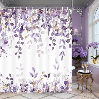 Purple Eucalyptus Shower Curtain, Watercolor Plants Foliage Floral Bathroom Curtains, Stylish Noble Botanical Leaves Waterproof Fabric Cloth Shower Curtain Set with Hooks 72X72 Inch