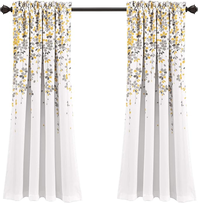 Lush Decor Weeping Flower Light Filtering Window Curtain Panels, Pair, 52"W x 63"L + 2" Header, Yellow & Gray - Charming Modern Floral Curtains for Living Room, Dining Room, & Bedroom
