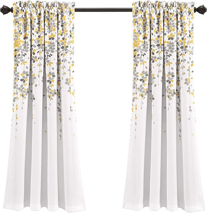 Lush Decor Weeping Flower Light Filtering Window Curtain Panels, Pair, 52"W x 63"L + 2" Header, Yellow & Gray - Charming Modern Floral Curtains for Living Room, Dining Room, & Bedroom