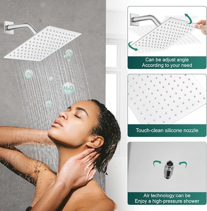 Heyalan 8-Inch Square Rain Shower Faucet Set with Valve, Polished Chrome | SUS304 stainless steel shower head, male NPT 1/2-inch valve, single-handle control, adjustable angle, 1.8 GPM
