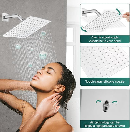 Heyalan 8-Inch Square Rain Shower Faucet Set with Valve, Polished Chrome | SUS304 stainless steel shower head, male NPT 1/2-inch valve, single-handle control, adjustable angle, 1.8 GPM