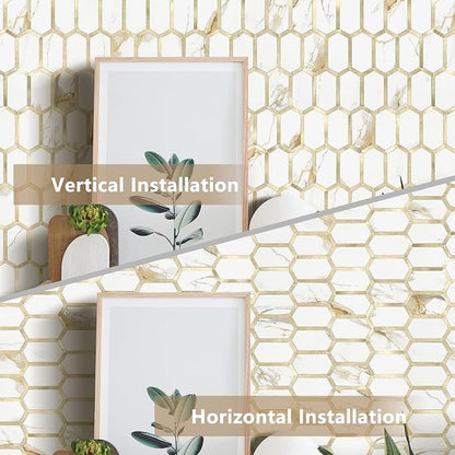 Vamos Tile Long Hexagon Peel and Stick Tile Backsplash - 10 Sheets Stick on Backsplash for Kitchen and Bathroom Calacatta Gold Mixed Metal Light Gold PVC Self Adhesive Mosaic Wall Tiles(Seamless)