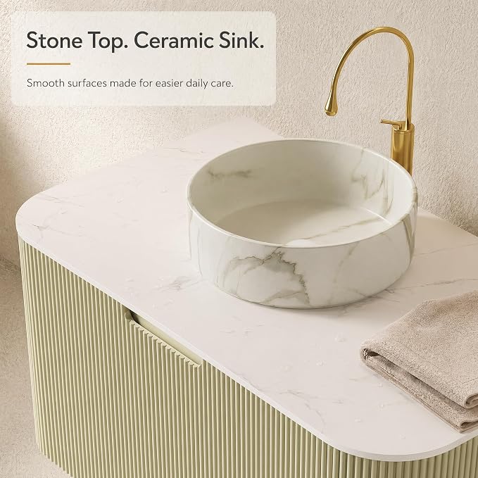 36 Inch Bathroom Vanity with Sink, Floating Wall Mounted Single Sink Vanity, Sage Green Curved Fluted Front, Stone Top, Marble-Look Round Vessel Basin, Pre-Assembled