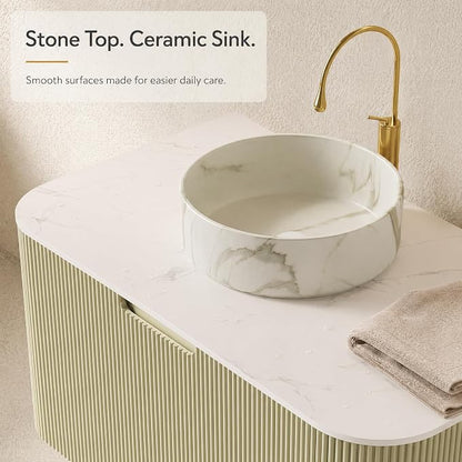 36 Inch Bathroom Vanity with Sink, Floating Wall Mounted Single Sink Vanity, Sage Green Curved Fluted Front, Stone Top, Marble-Look Round Vessel Basin, Pre-Assembled