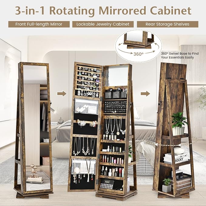 COSTWAY 360 Rotating Jewelry Armoire Cabinet, Standing Jewelry Organizer w/Full-Length Mirror & Large Storage Space, Lockable Mirror Jewelry Cabinet for Girls Women (Rustic Brown)