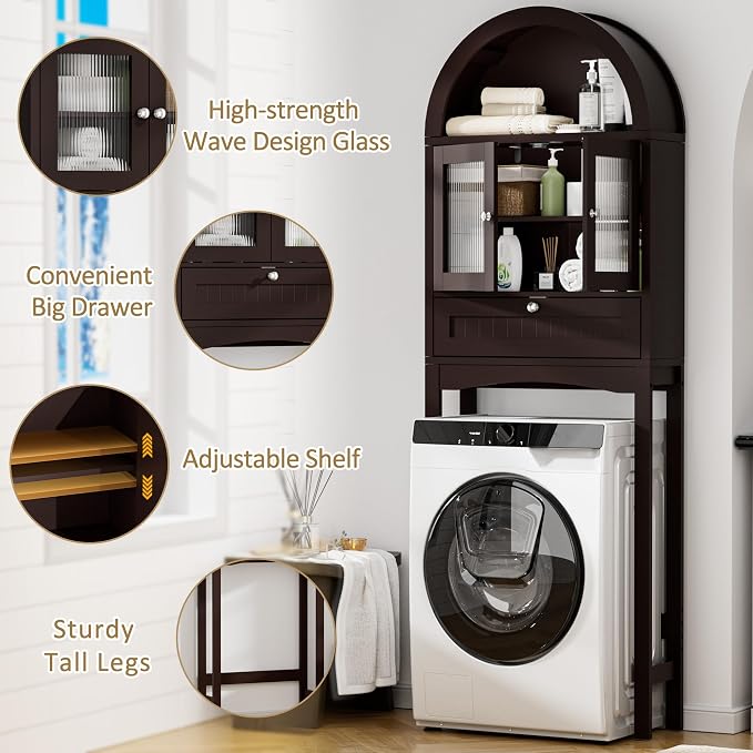 Spurgehom Over The Toilet Storage Cabinet with Glass Door (Coffee) | Freestanding Bathroom Shelf Equipped with Anti-Tipping Device, Space-Saving Vertical Toiletries Storage Cabinet