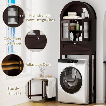 Spurgehom Over The Toilet Storage Cabinet with Glass Door (Coffee) | Freestanding Bathroom Shelf Equipped with Anti-Tipping Device, Space-Saving Vertical Toiletries Storage Cabinet