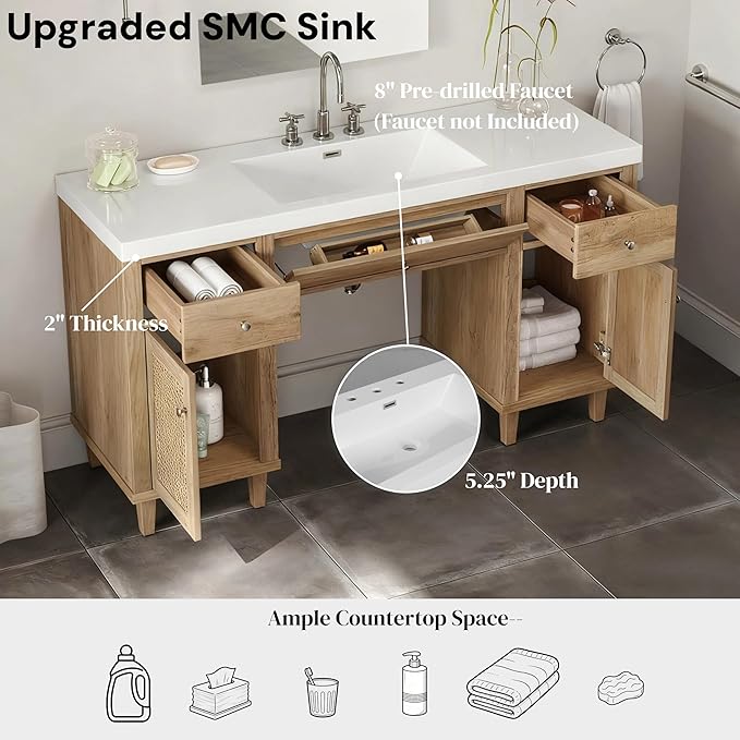60 Inch Bathroom Vanity with Single Sink & Integrated Countertop,Large Bathroom Vanity with Rattan Doors,2 Drawers & Storage Cabinets,Gas Spring Tip-Out Tray,Soft Closing System,Solid Wood Legs