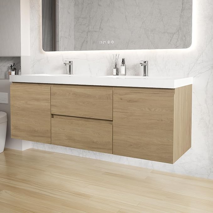 60 Inch Floating Bathroom Vanity with Double Sink, Large Storage Wall Mounted Floating Vanity with Soft Close Drawers, One-Piece Basin Bathroom Sink Cabinet (Natural Oak, 60" Double Sink)