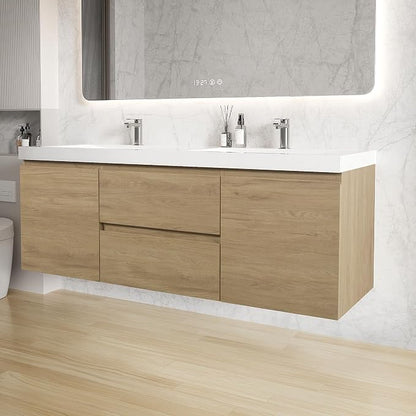 60 Inch Floating Bathroom Vanity with Double Sink, Large Storage Wall Mounted Floating Vanity with Soft Close Drawers, One-Piece Basin Bathroom Sink Cabinet (Natural Oak, 60" Double Sink)