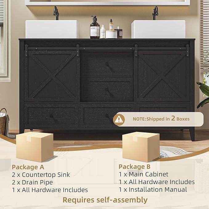 VNN Bathroom Vanity with Sink - 60 Inch Bathroom Vanity Double Sink Ceramic, Freestanding Cabinet with 2 Farmhouse Sliding Barn Doors and 5 Drawers, Space-Saving Storage Cabinet, Black Wood Grain
