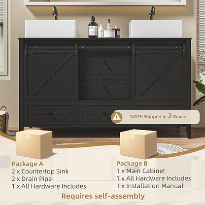 VNN Bathroom Vanity with Sink - 60 Inch Bathroom Vanity Double Sink Ceramic, Freestanding Cabinet with 2 Farmhouse Sliding Barn Doors and 5 Drawers, Space-Saving Storage Cabinet, Black Wood Grain