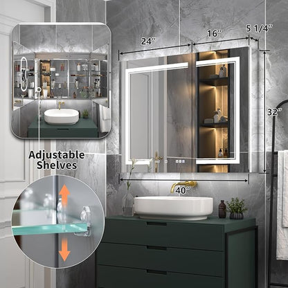 40x32-Inch Lighted Medicine Cabinet with Mirror,Removable 10X Magnificer | Clock,1800W Outlet,Soft-Closed,Front&Backlit,Anti-Fog,Dimmable&Tunable,Sensor LED,Recessed/Surface,Adjustable Shelves
