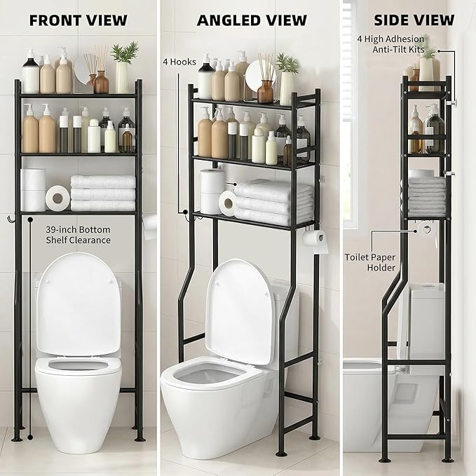 3-Tier Over Toilet Storage with Anti-Tilt Safety System - 150lb Total Capacity Metal Bathroom Shelves Including Paper Holder & 4 Hooks, Space Saving Above Commode Organizer (64" H, Black)