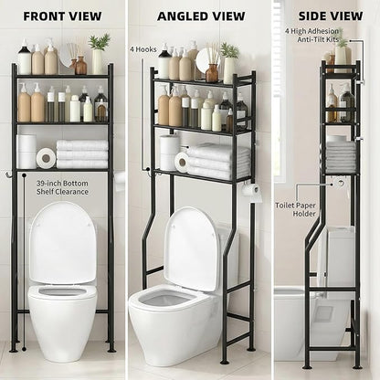 3-Tier Over Toilet Storage with Anti-Tilt Safety System - 150lb Total Capacity Metal Bathroom Shelves Including Paper Holder & 4 Hooks, Space Saving Above Commode Organizer (64" H, Black)