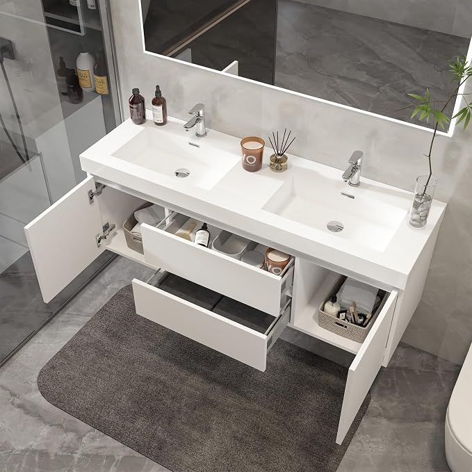 Vanity Art 60 Inch Double Sinks Wall Mounted Bathroom Vanity Set 2 Drawers 4 Shelves Storage Cabinet with White Engineered Stone Top Undermount Rectangle Sinks High-Glossy