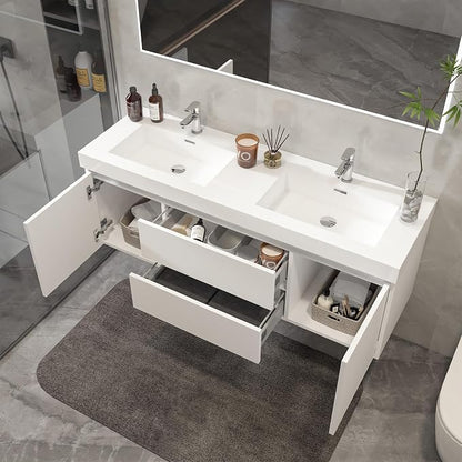 Vanity Art 60 Inch Double Sinks Wall Mounted Bathroom Vanity Set 2 Drawers 4 Shelves Storage Cabinet with White Engineered Stone Top Undermount Rectangle Sinks High-Glossy