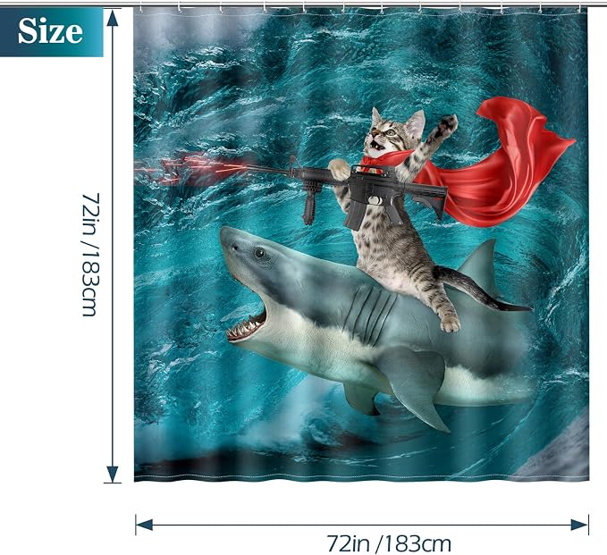 Aimego Funny Shark Cat Shower Curtain - Cute Cat Riding Shark in Ocean Fun Shower Curtains Set with 12 Hooks for Adults Bathroom Decor Accessories, 72"x72", Blue Red