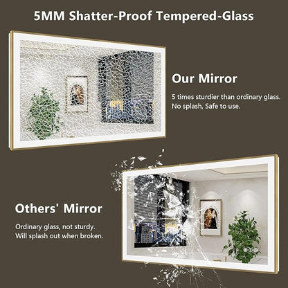 40x36 Inch LED Bathroom Mirror with Lights (Front Lit and Backlit) Gold Framed Lighted Vanity Mirror for Bathroom Wall Dimmable Anti-Fog Memory Tempered Glass Horizontal/Vertical
