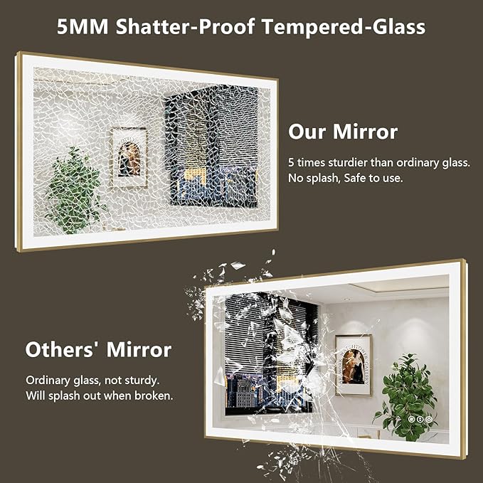 40x38 Inch LED Bathroom Mirror with Lights (Front Lit and Backlit) Gold Framed Lighted Vanity Mirror for Bathroom Wall Dimmable Anti-Fog Memory Tempered Glass Horizontal/Vertical