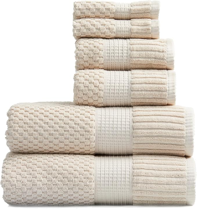 100% Cotton 6 Piece Bath Towel Set | Beige Towels | Oeko‑TEX Standard 100 | Soft & Absorbent, Quick‑Dry | Trinity Collection - Sand