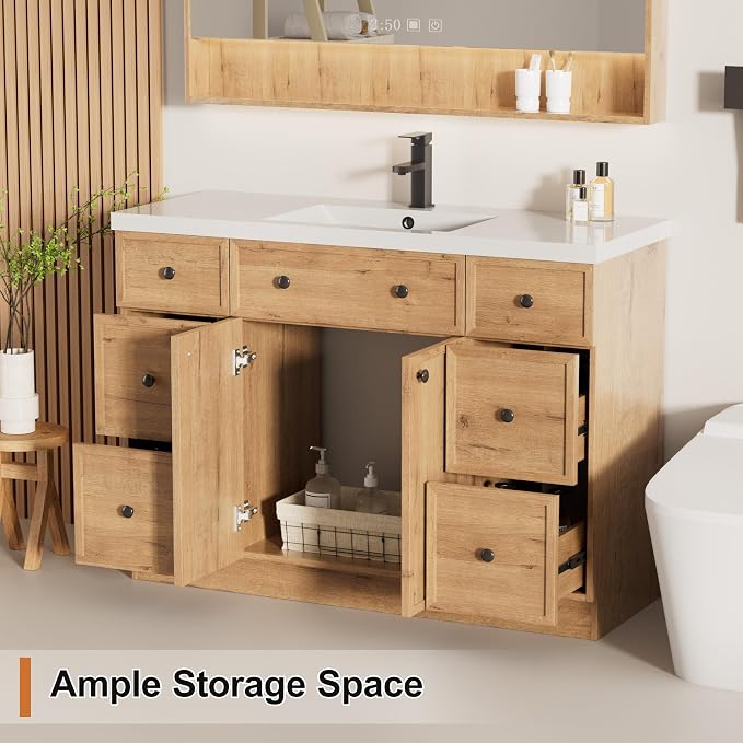 LUCKWIND 48" Farmhouse Bathroom Vanity with Sink Combo, Rustic Modern Bathroom Cabinet with Undermount Solid Surface Single Sink, Soft-Close Hinges & Water-Saving Faucet, Natural