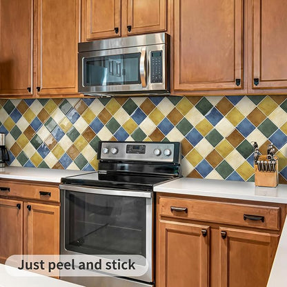 DEWOO Peel and Stick Backsplash Self Adhesive Wall Tiles Colourful 10-Sheet | Checkered,Square,Sticky,for Kitchen,Bathroom,Laundry,Sink,12"×12"