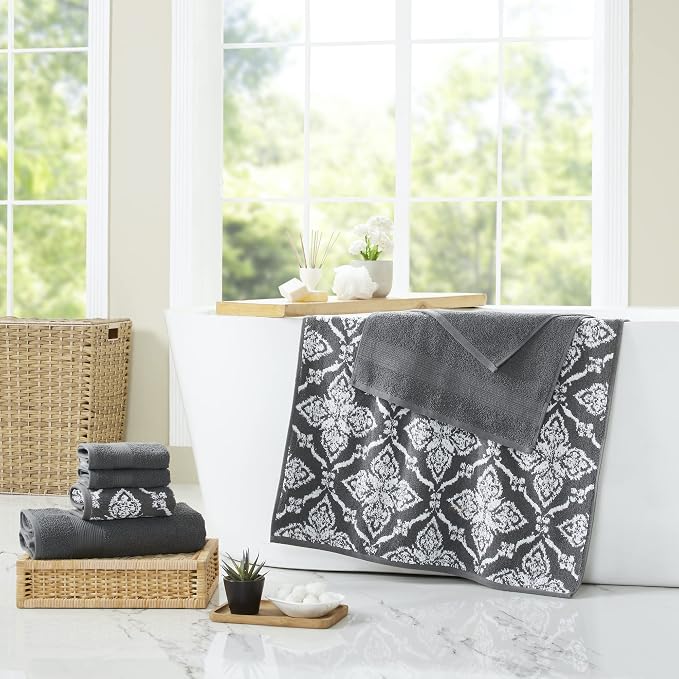 Modern Threads Amaris 6-Piece Reversible Yarn Dyed Jacquard Towel Set - Bath Towels, Hand Towels, & Washcloths - Super Absorbent & Quick Dry - 100% Combed Cotton, Coal