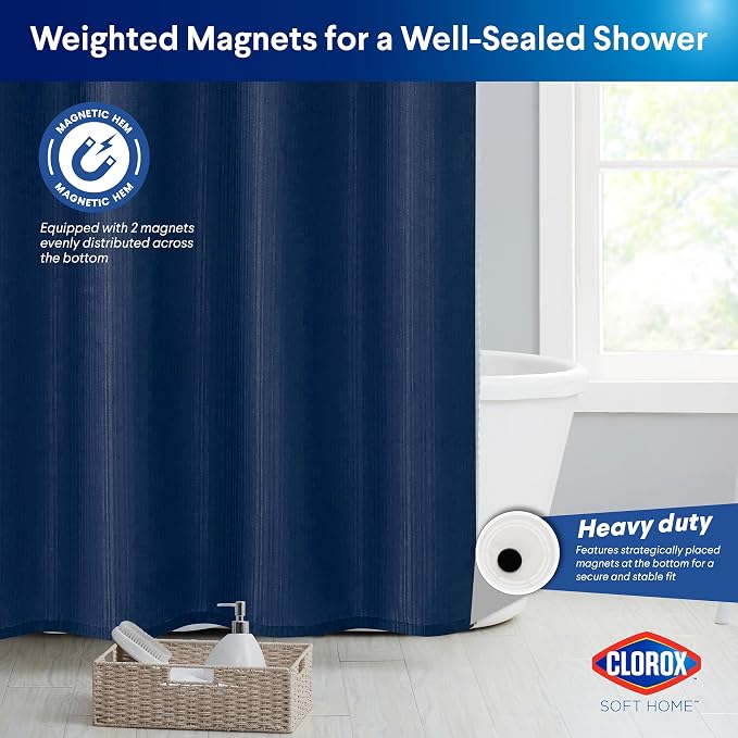 Clorox 2-in-1 Bathroom Shower Curtain Liner, Durable Fabric, Weighted Magnets for Bath Water Control, Washable Premium Quality, Modern - 72" x 72" Blue