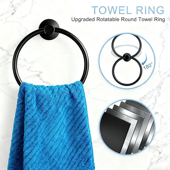 Upgraded Thickened 5-Piece Matte Black Bathroom Hardware Set, 23.6 Inch SUS304 Stainless Steel Towel Bar, Toilet Paper Holder, Modern Black Bathroom Accessories Kit (5 Pack, Black)