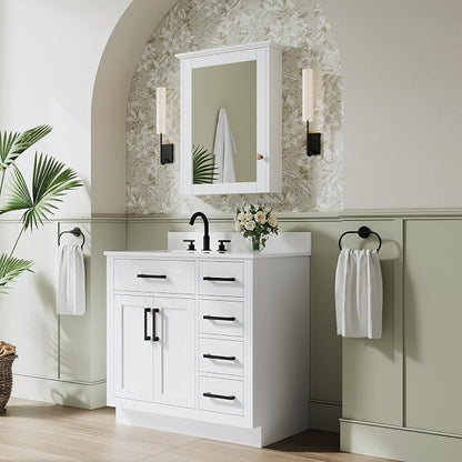 36-Inch Bathroom Vanity with Sink W/ 2 Doors & 4 Drawers & 1 Flip Drawer, White Vanity W/Matte Black Handles