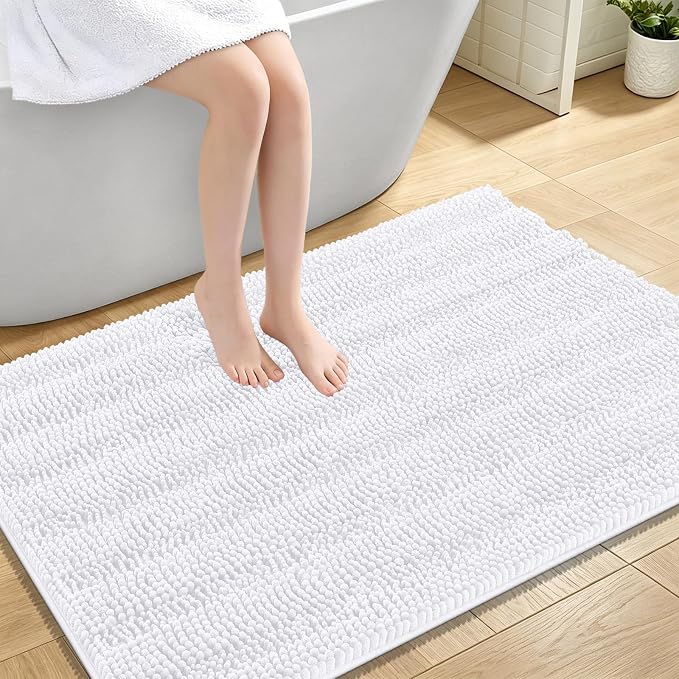 OLANLY Thick Large Bathroom Rugs 44x32, Soft Chenille Bath Rugs, White | Absorbent Striped, Rubber Backing, Machine Wash Dry, Bath Mats for Bathroom Floor, Tub and Shower, Home Decor Accessories