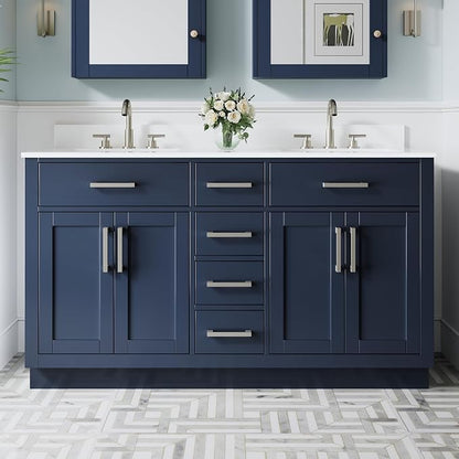 60-Inch Bathroom Vanity with Double Sinks W/ 4 Doors & 4 Drawers & 2 Flip Drawers, Navy Blue Vanity W/Brushed Nickel Handles