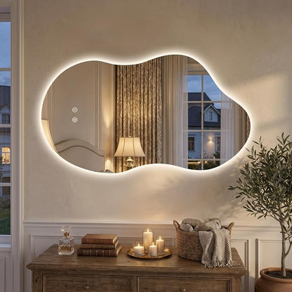Irregular LED Mirror with Lights 40x24 Inch Backlit Asymmetrical Bathroom Mirrors for Wall Cloud Lighted Vanity Mirrors Shatterproof, Anti-Fog, Dimmable, 3 Colors (Horizontal/Vertical)