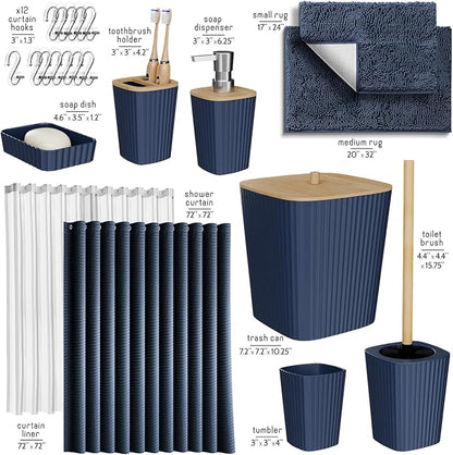 Clara Clark Bathroom Set, Bathroom Sets with Shower Curtain and Rugs | 22 Piece Navy Blue Bathroom Accessories Set with Toothbrush Holder, Soap Dispenser, Soap Dish, Toilet Brush, and Trash Can