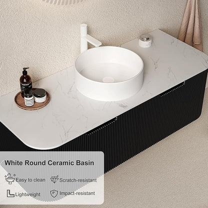 48" Floating Bathroom Vanity with Sink, Plywood Bathroom Vanities with Ultra-Thin Ceramic Basin and Marble Top, 2 Large Soft-Closing Storage Drawers, Pre-Assembled Cabinet, Gloss Black