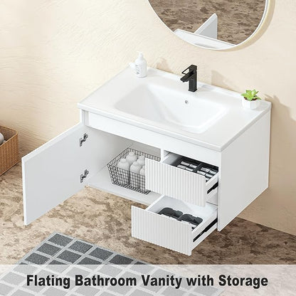 Floating Bathroom Vanity 32 Inch, Wall Mounted Bathroom Vanity with Ceramic Sink and 2 Drawers for Storage, Modern Wave-Carved Design Wooden Sink Cabinet, White