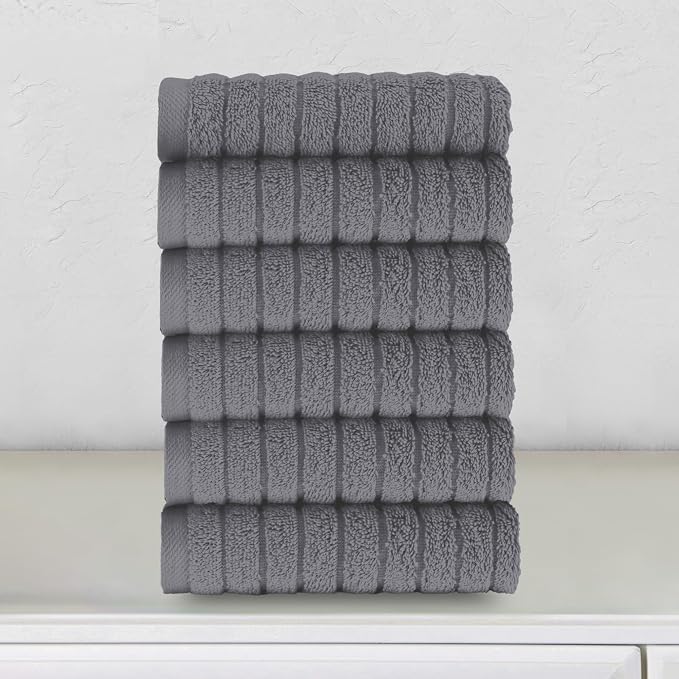 Elegant Comfort 100% Turkish Cotton Corduroy Ribbed Luxury Washcloths 6 Pack Soft 13 x 13 Inch - Higly Absorbent, Durable, Quick Dry, Spa Premium Hotel Quality for Bathroom or Travel, Gray
