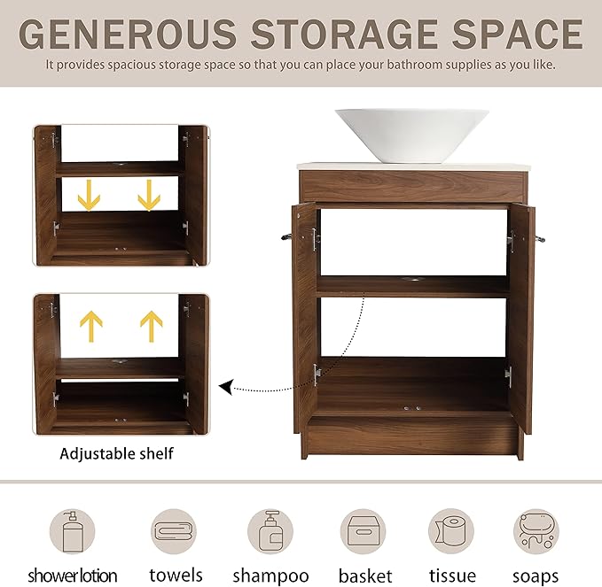 24" Bathroom Vanity, 24 Inch Freestanding Vanity with Ceramic Vessel Sink, Modern Single Sink Bathroom Vanity Combo, Brown Floor Standing Storage Cabinet Set(BRE217, 24 * 18)