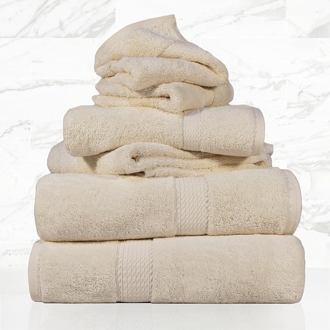 SUPERIOR Egyptian Cotton Ultra Plush & Absorbent, 6 Piece Set, Cream | Quick Dry, Soft Luxury Towel Set, Bath Essentials, Guest Bath, Spa, 2 Bath, 2 Hand, 2 Face Towels, Madeline Towels