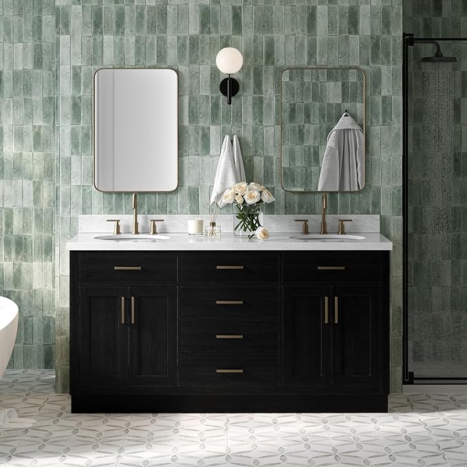 ARIEL Hepburn 66-inch Bathroom Vanity with Sink,Solid Wood, 1.5-inch Italian Carrara Marble Countertop & Backsplash, Double Oval Porcelain Sink, 4 Soft Closing Doors, 6 Dovetail Drawers, Black Oak