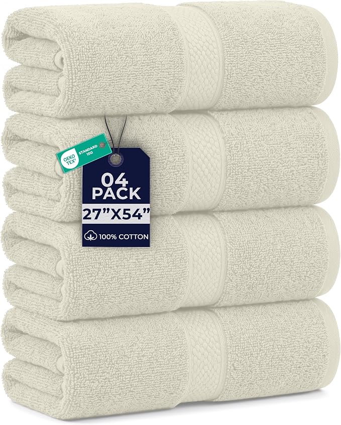 DAN RIVER 600 GSM Cotton Large Bath Towels Set of 4, 27 x 54 Inches, Ivory | Larger & Lighter Weight Towels for Bathroom - Highly Absorbent & Quick Dry 100% Cotton Bath Towel Set for Home, Spa & Hotel