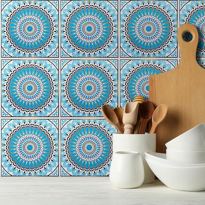DICOFUN 32 Moroccan Tile Peel and Stick Backsplash, 6" x 6" Waterproof Mandala Stick on Wall Tiles (Style 9)
