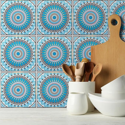 DICOFUN 32 Moroccan Tile Peel and Stick Backsplash, 6" x 6" Waterproof Mandala Stick on Wall Tiles (Style 9)